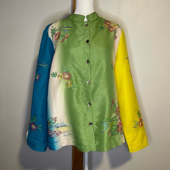 Marsh Landing green, blue, yellow & white floral embroidered button down top, M - Picture 2 of 14